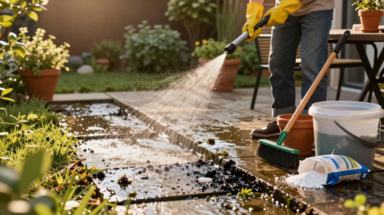 Pessoa com luvas amarelas a usar mangueira para limpar jardim, rodeada por balde, vassoura e plantas em vasos.
