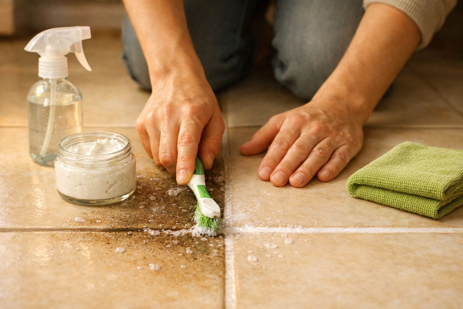 Mãos limpando uma superfície de azulejo com uma escova, ao lado de sabonete líquido e uma tigela sobre uma toalha branca.