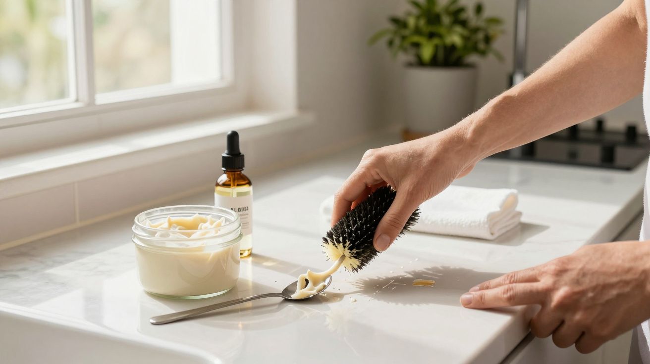 Mão segurando escova a aplicar creme num lavatório, com frasco de óleo e toalha ao fundo.