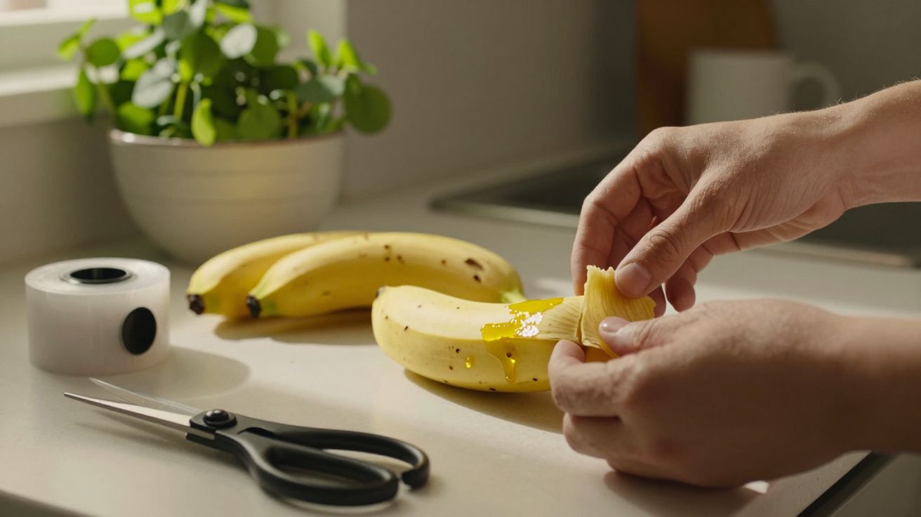 Mãos a descascar uma banana madura numa bancada, com bananas, tesoura e planta ao fundo.