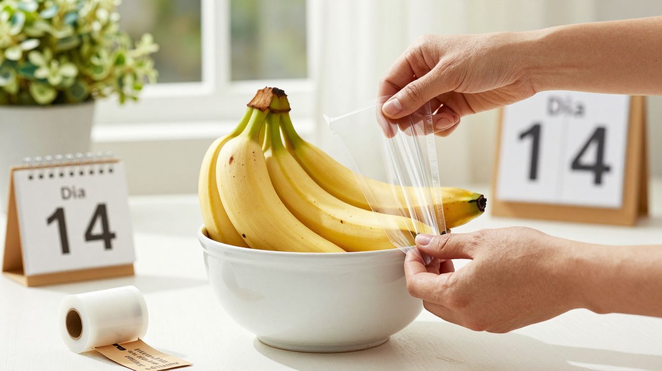 Mãos envolvem bananas com película aderente em uma taça, com calendários marcando "Dia 14" ao fundo.