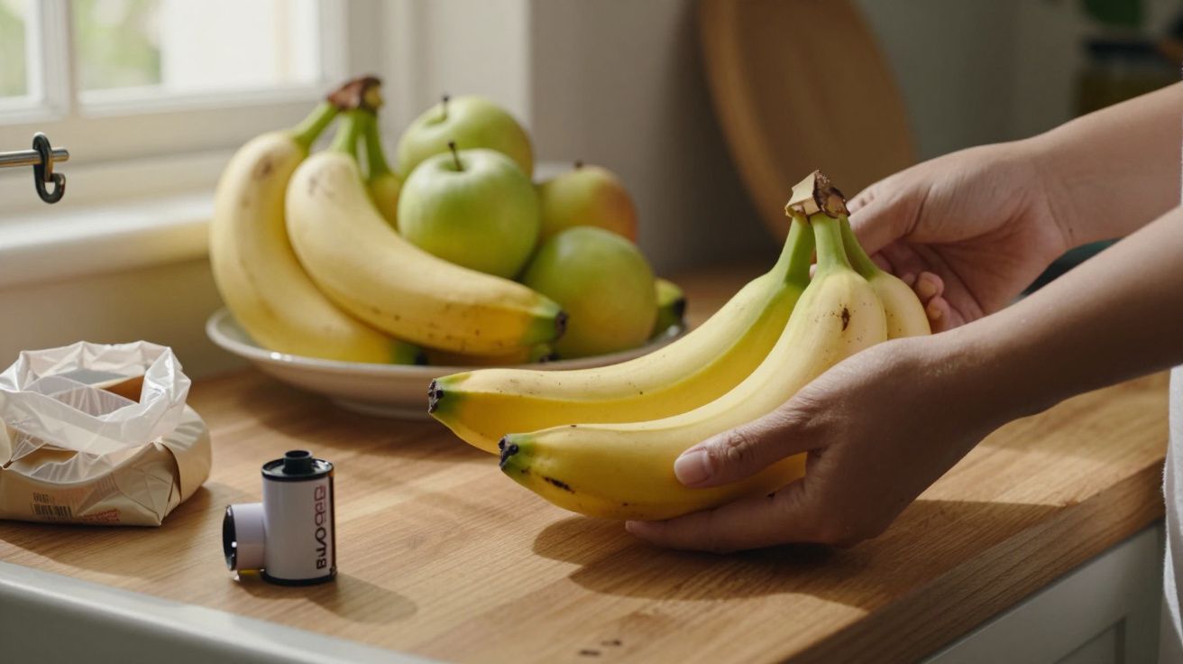 Pessoa segura bananas numa cozinha, com maçãs e película fotográfica em cima da bancada de madeira clara.
