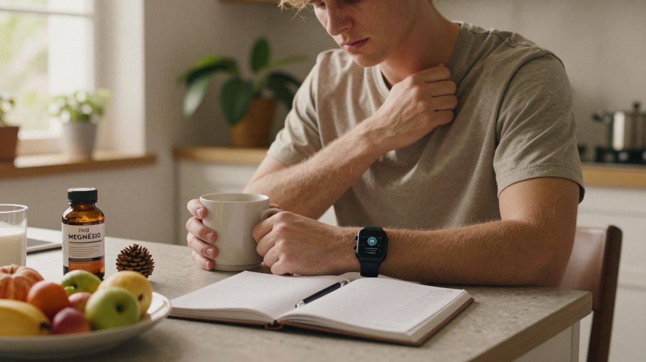 Jovem de t-shirt cinza com smartwatch, segurando chá. Frutas e caderno na mesa, frasco de magnésio ao lado.