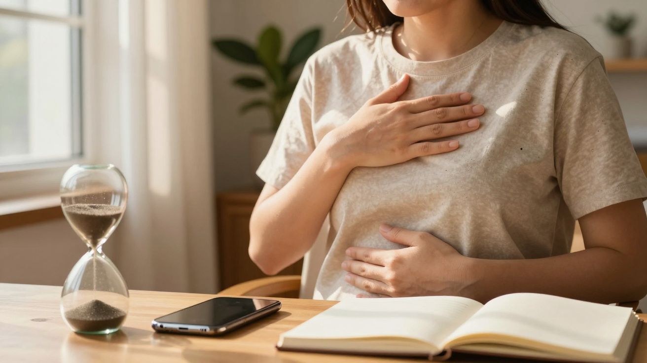 Pessoa com a mão no peito sentada à mesa com ampulheta, smartphone e caderno abertos.