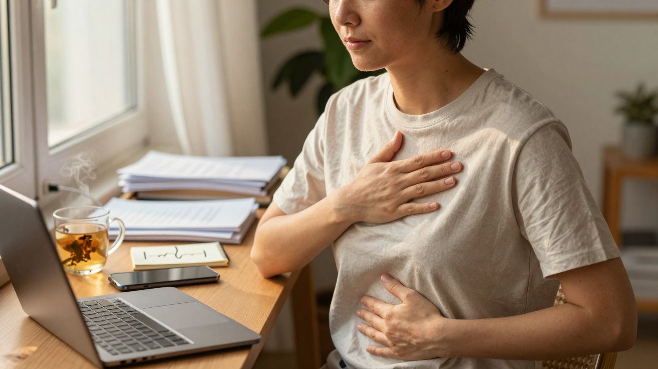 Pessoa em meditação à mesa, com portátil e cháravena, mãos no peito e abdómen, papéis ao fundo.