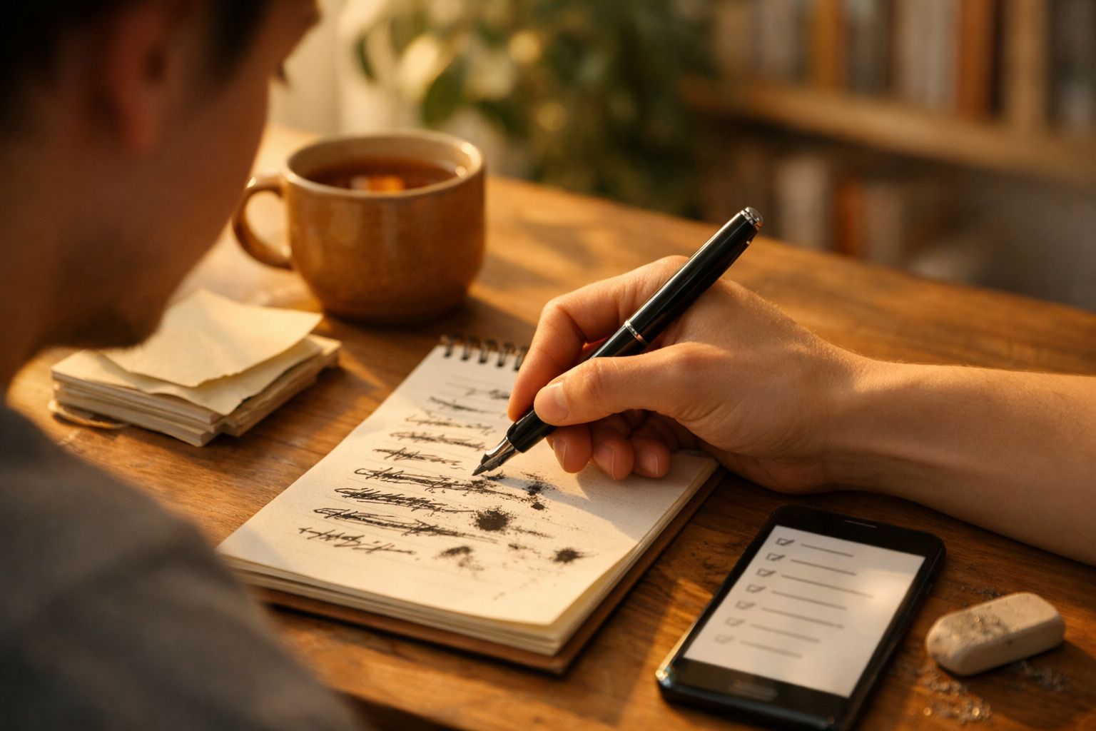 Pessoa escreve numa lista de tarefas, com um telemóvel e uma chávena de café sobre a mesa de madeira.