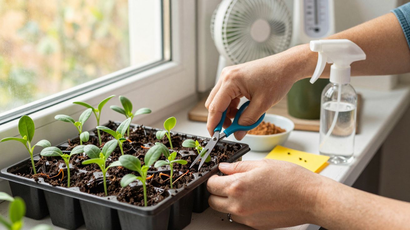 Mãos cuidam de mudas em vasos, usando uma tesoura, perto de uma janela com luz natural. Frasco de spray ao lado.