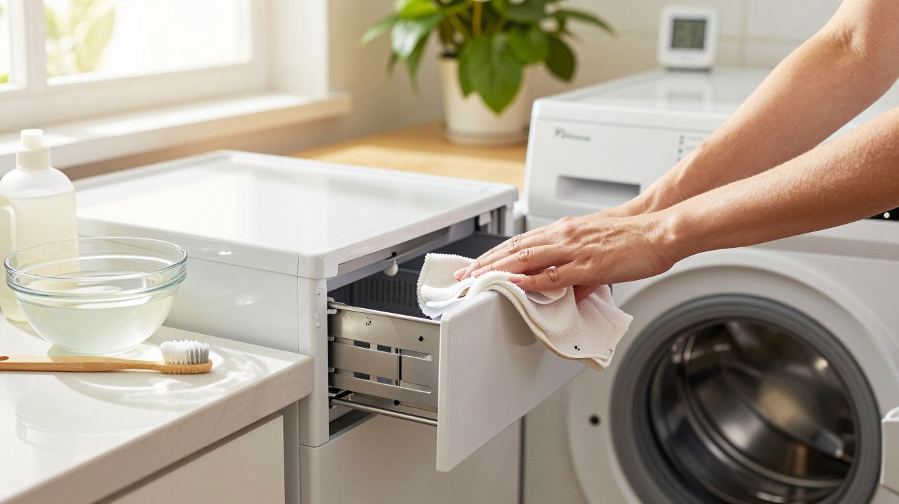 Pessoa a limpar o dispensador de detergente de uma máquina de lavar roupa, com plantas ao fundo e utensílios de limpeza à esq