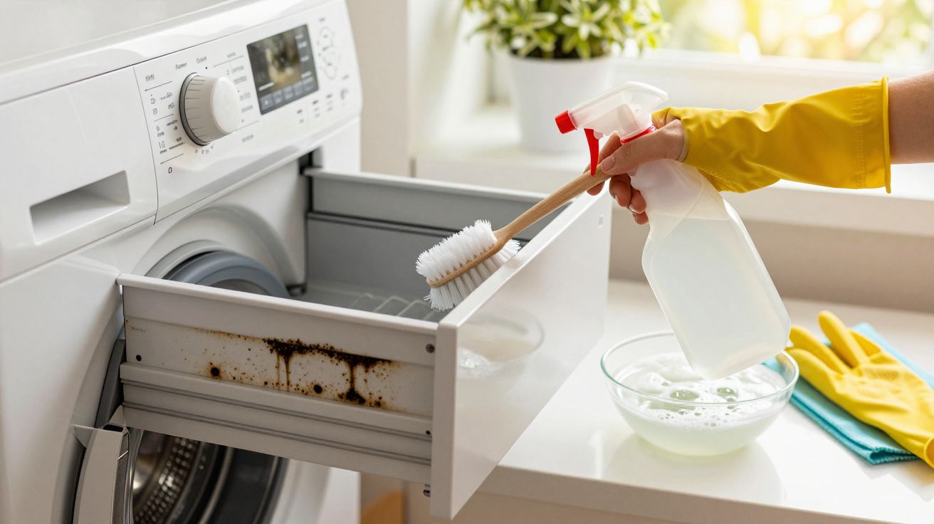 Máquina de lavar com gaveta de detergente aberta, sendo limpa com spray e escova. Luvas e pano ao lado.
