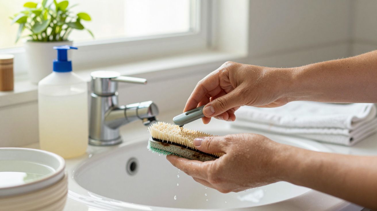 Mãos a lavar uma escova de lavar louça sob uma torneira num lavatório branco, com sabão ao lado.
