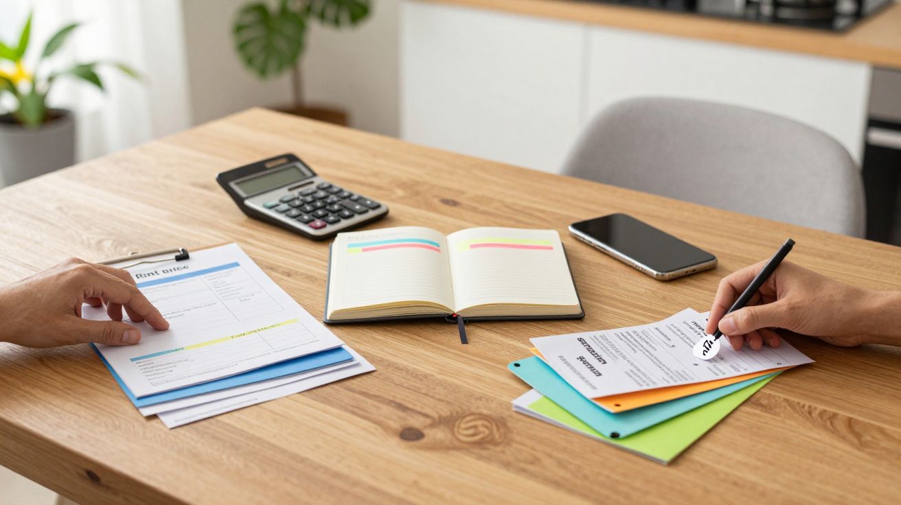 Duas pessoas analisam documentos com calculadora, caderno e telemóvel sobre a mesa de madeira.