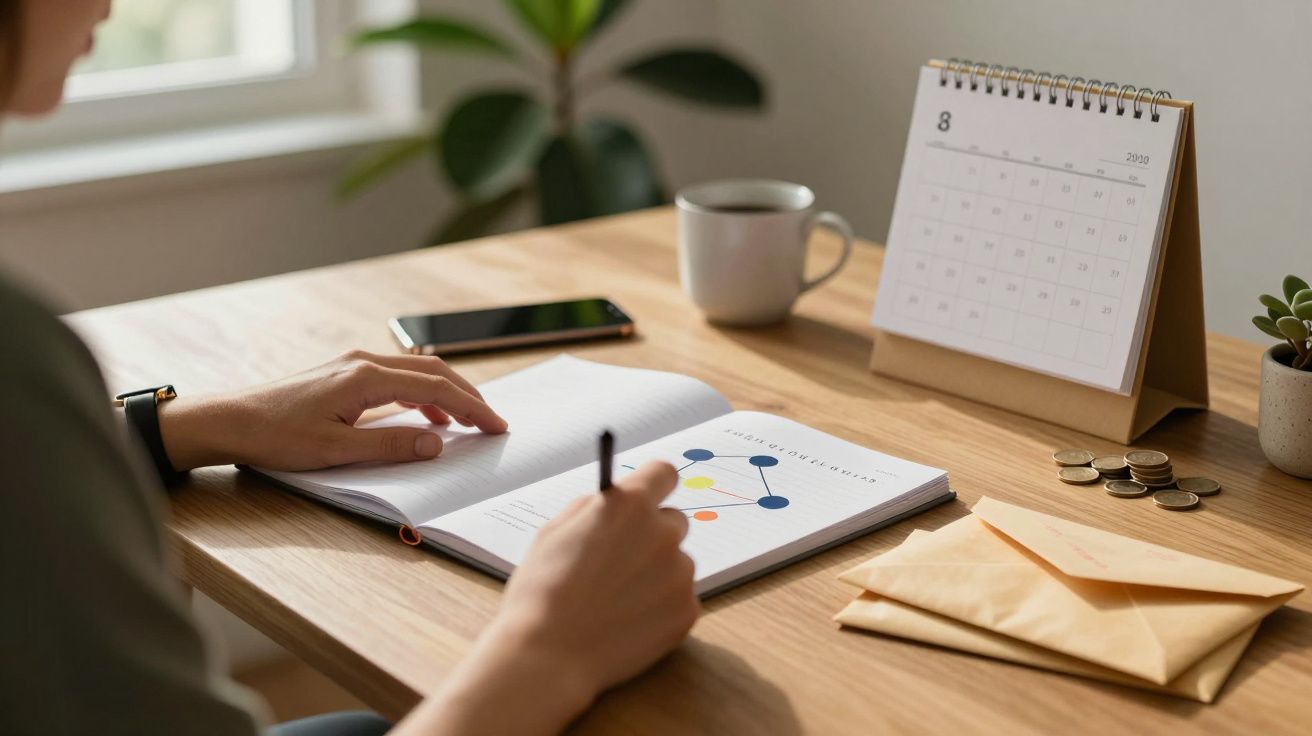 Pessoa escreve em caderno na mesa, ao lado de um calendário, telemóvel, chávena e envelopes.