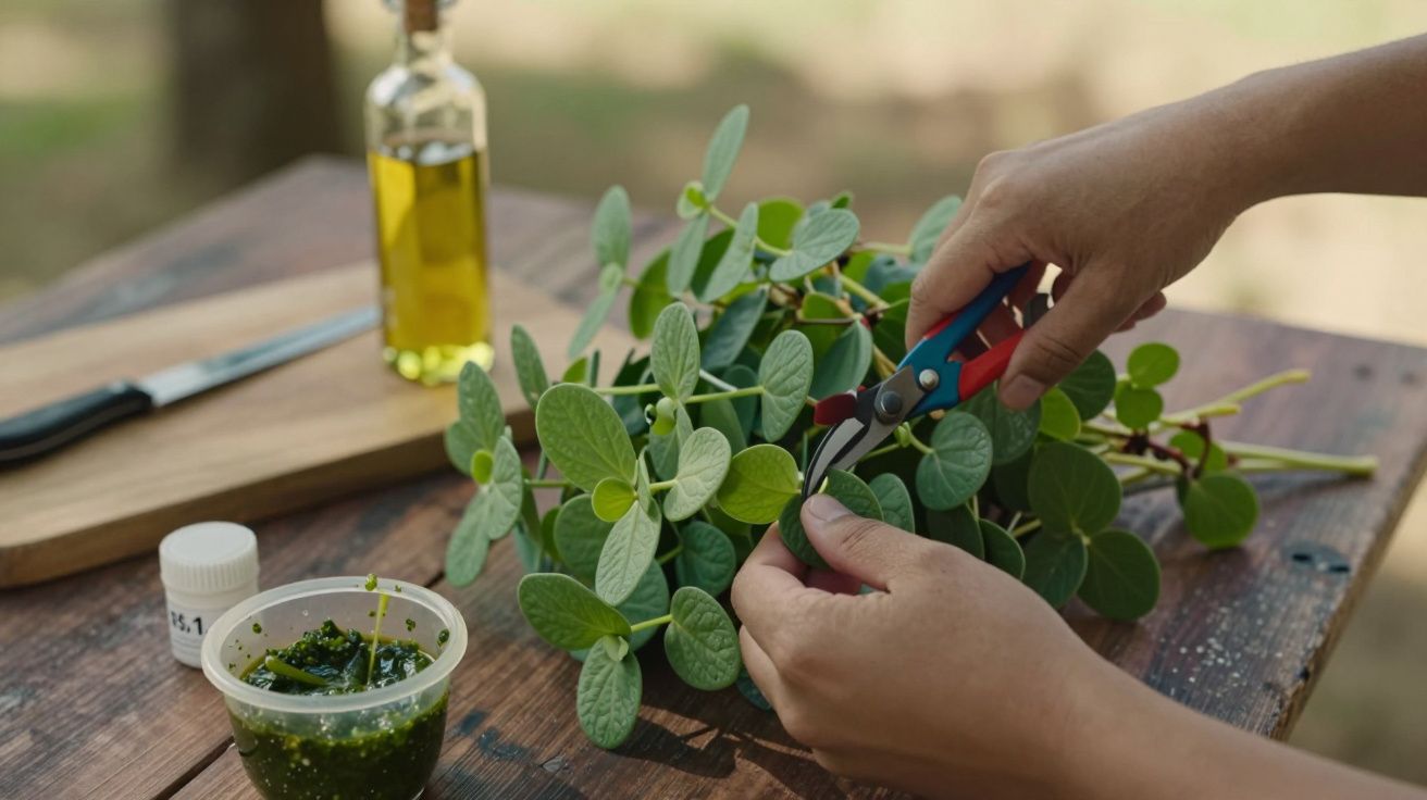 Mãos cortam folhas verdes com tesoura, mesa com azeite e ervas em fundo desfocado.