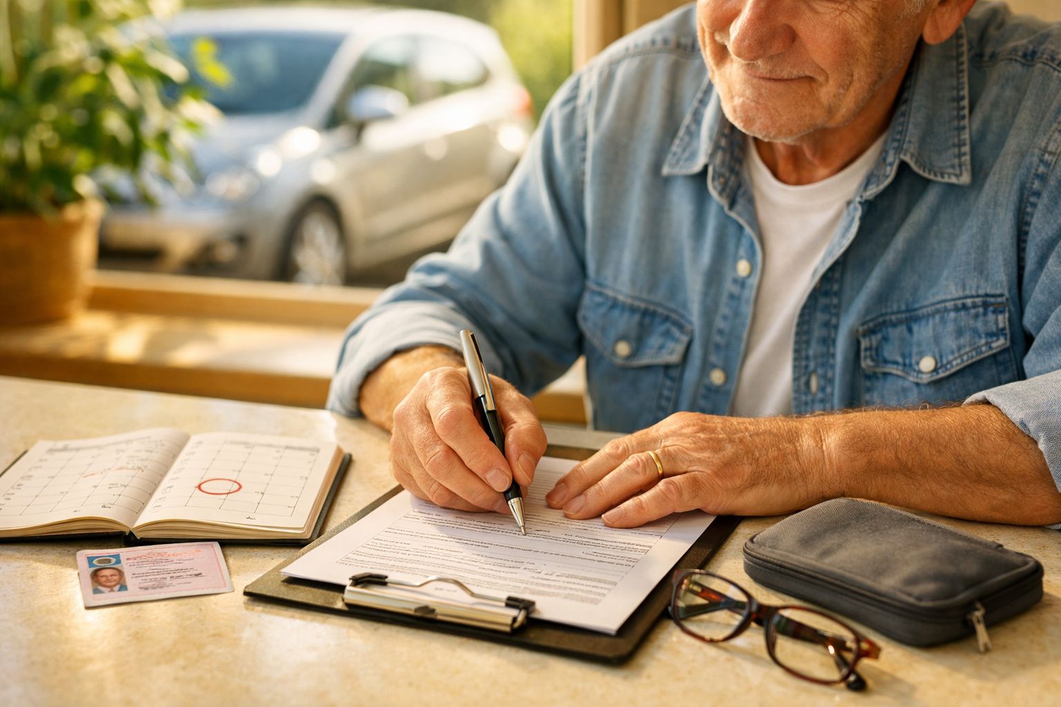 Homem idoso num carro entrega um cartão a uma mulher do lado de fora.