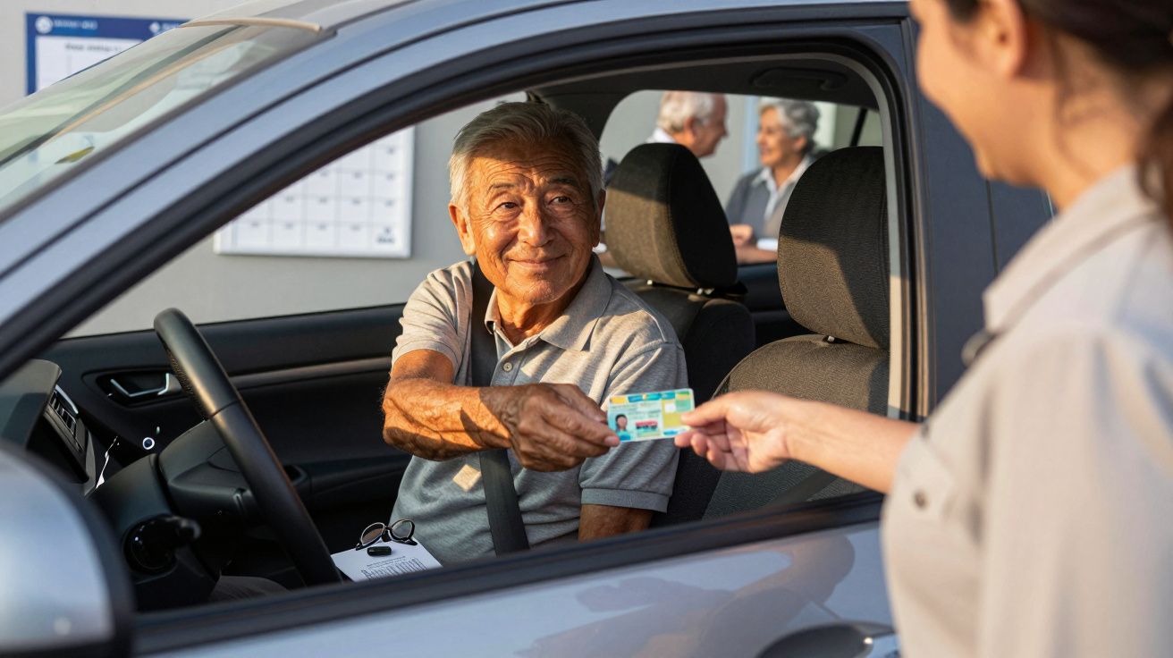 Homem idoso no carro a entregar cartão a mulher fora do carro durante o dia.