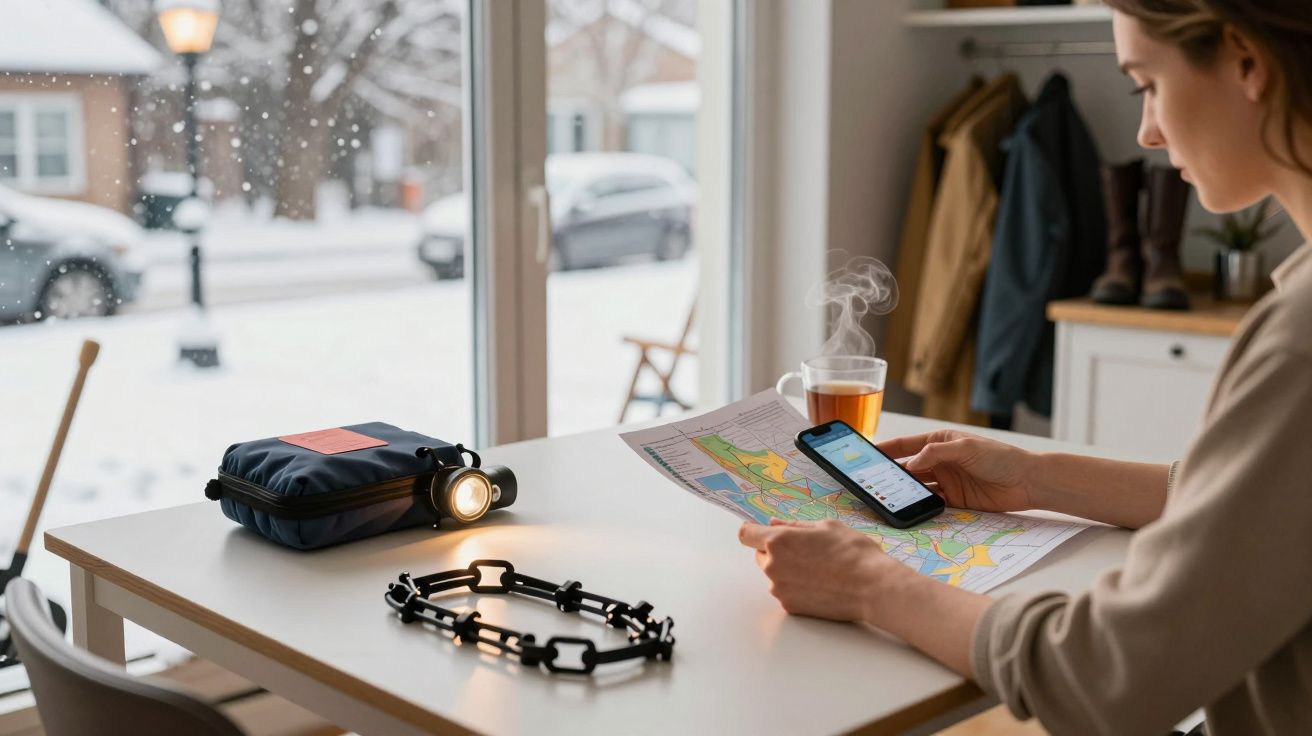 Mulher analisa mapa e telemóvel numa mesa com lanterna e corrente. Neva lá fora. Chá fumegante ao lado.