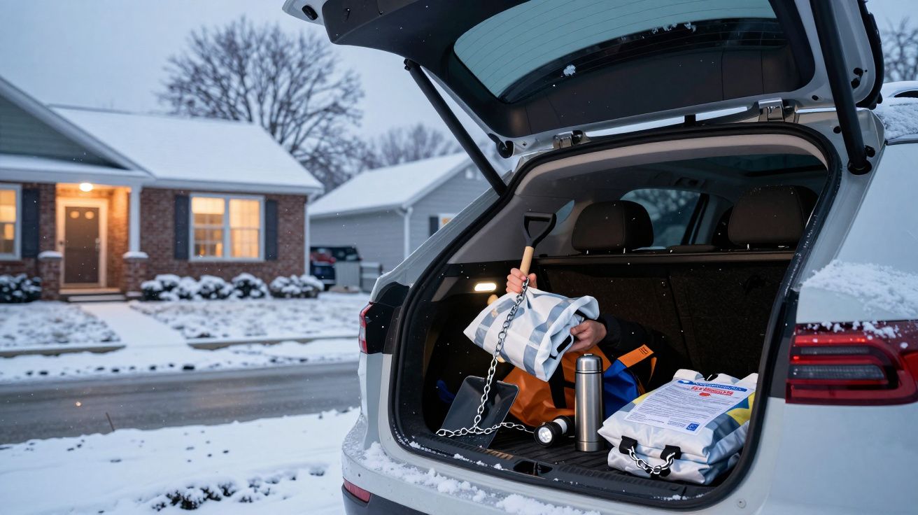 Bagageira de carro aberta com equipamentos de inverno, casas ao fundo cobertas de neve.
