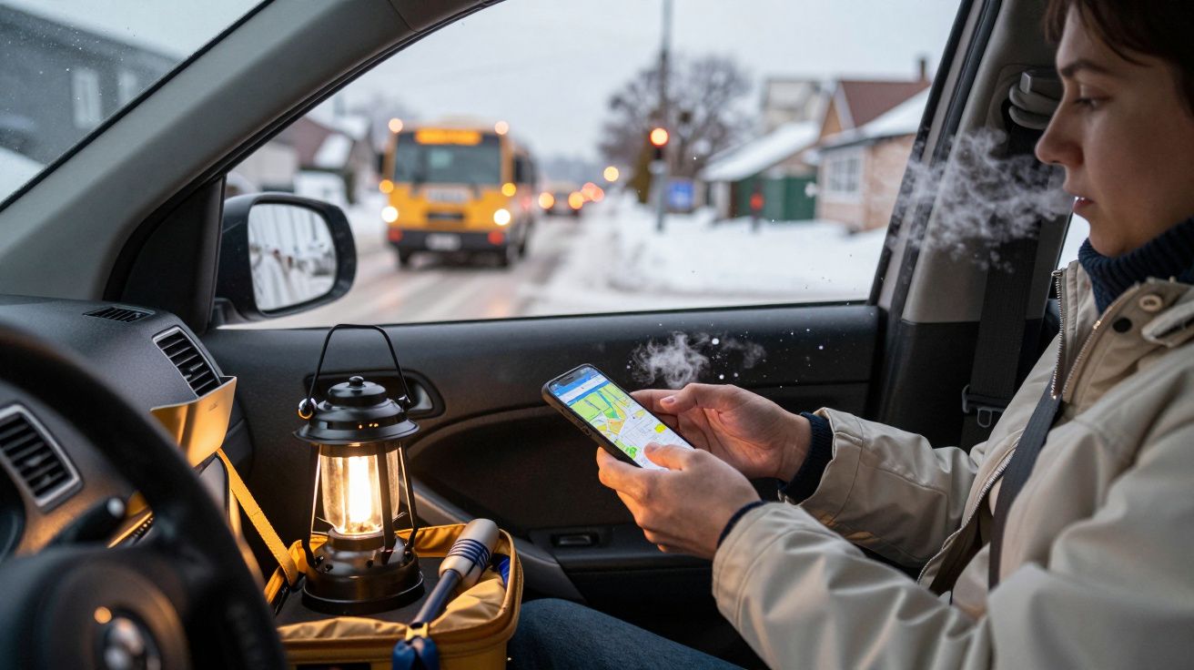 Pessoa sentada num carro, usando telemóvel com mapa. Neve visível lá fora e uma lanterna ao lado da pessoa.