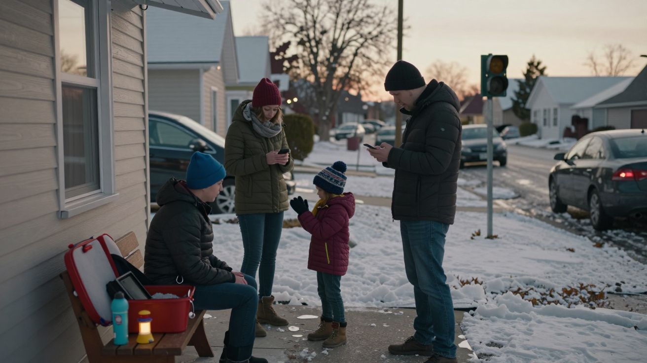 Família com roupas de inverno numa calçada nevada, dois adultos a usar telemóveis e uma criança a brincar.