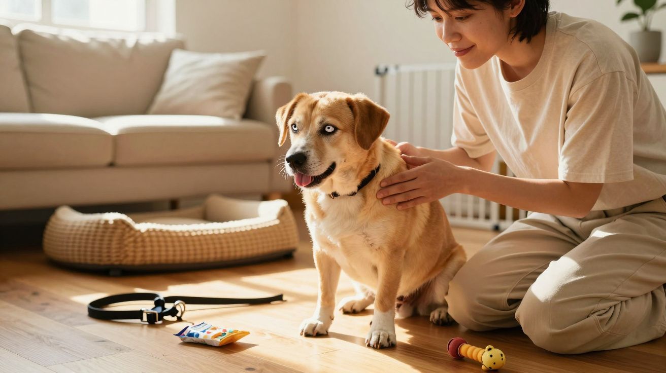 Mulher acaricia um cão de olhos claros numa sala com brinquedos e cama de cão no chão.