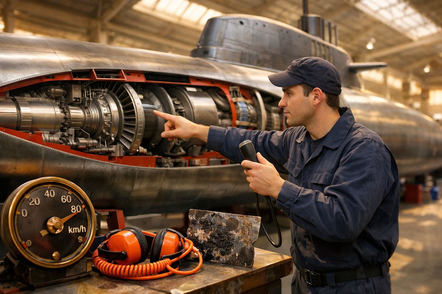 Homem trabalhando em modelo de submarino em frente a um navio no mar, equipado com capacete e equipamento de medição.