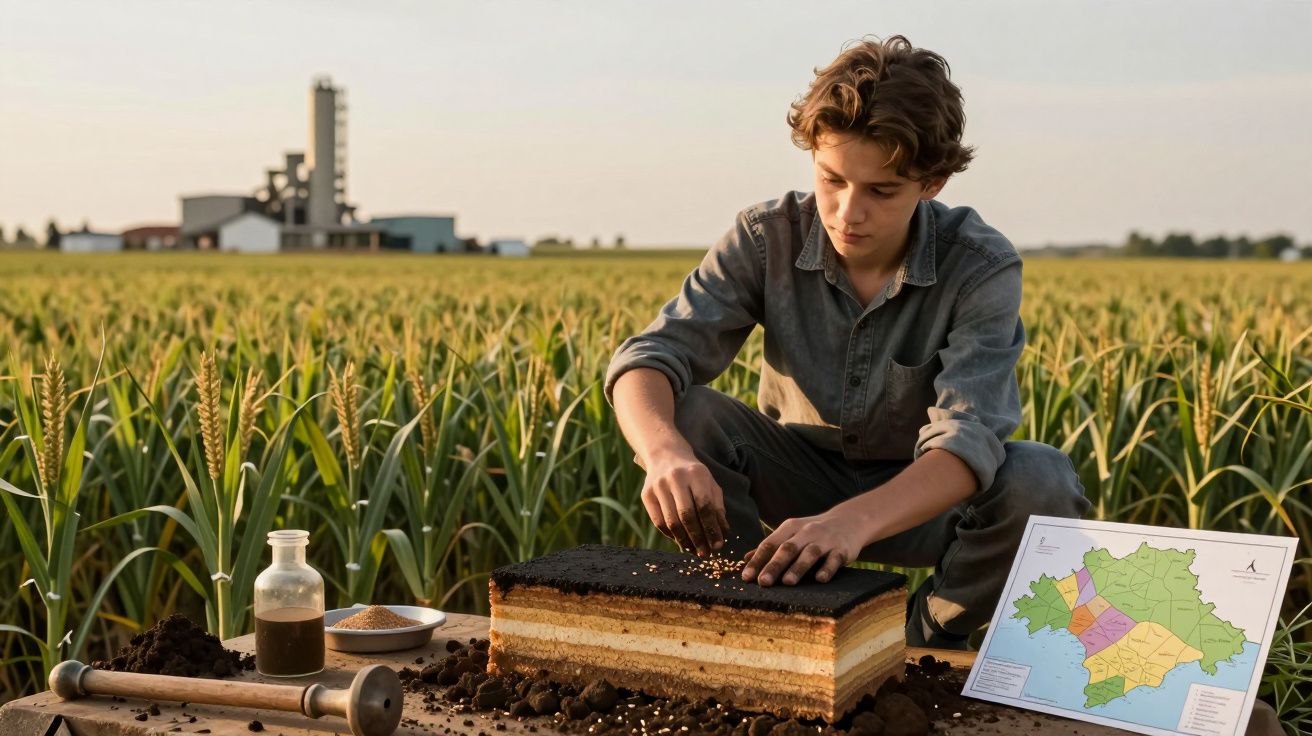 Jovem analisa amostra de solo em fatias num campo agrícola, com um mapa e frascos ao lado. Indústria ao fundo.