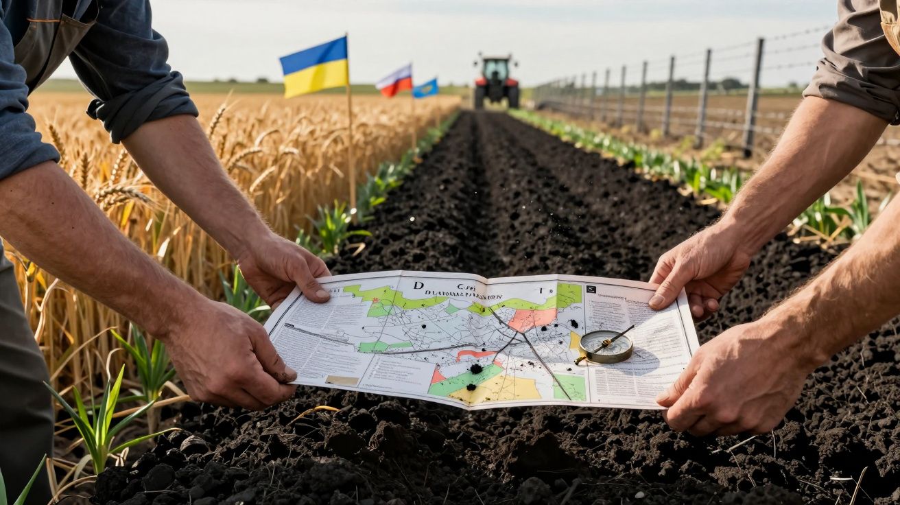 Duas pessoas seguram um mapa sobre um solo fértil, com bandeiras ao fundo e um trator à distância.