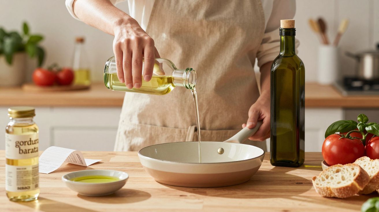 Pessoa a despejar óleo numa frigideira, rodeada por garrafas, tomates e fatias de pão numa bancada de cozinha.