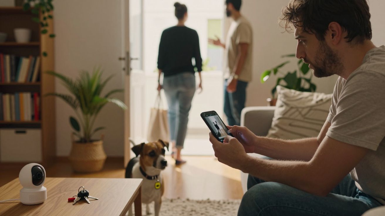 Homem sentado no sofá usando smartphone, com câmara de segurança na mesa e cão de pé. Duas pessoas na porta ao fundo.