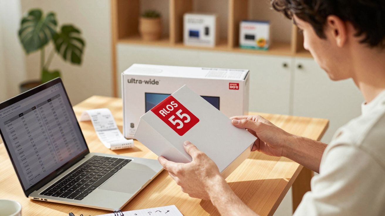 Homem segurando caixa "RLOS 55" em frente a computador portátil num escritório iluminado.