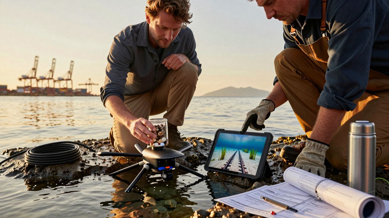 Dois homens junto ao mar com equipamentos de pesquisa, incluindo um tablet mostrando gráficos e um dispositivo sensorial.