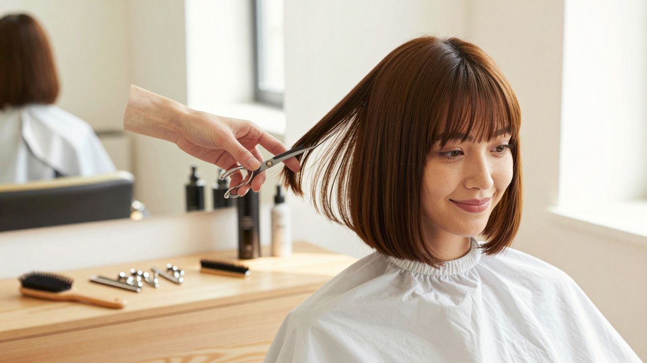 Mulher sorrindo enquanto cabeleireiro corta seu cabelo curto num salão moderno.
