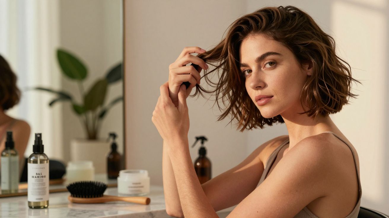 Mulher de cabelos curtos arrumando o cabelo em frente a um espelho com produtos de beleza ao redor.