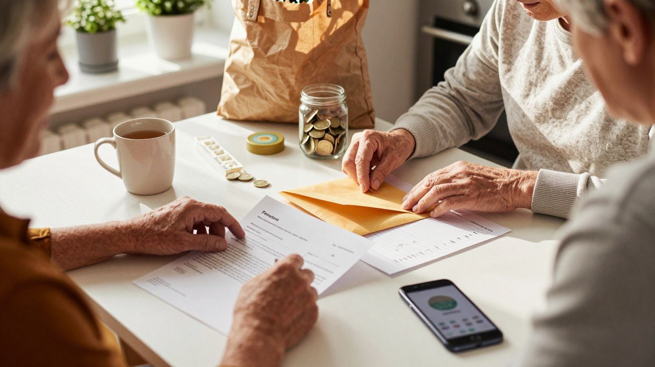 Duas pessoas idosas analisam contas numa mesa com notas, moedas, chávena e telemóvel.