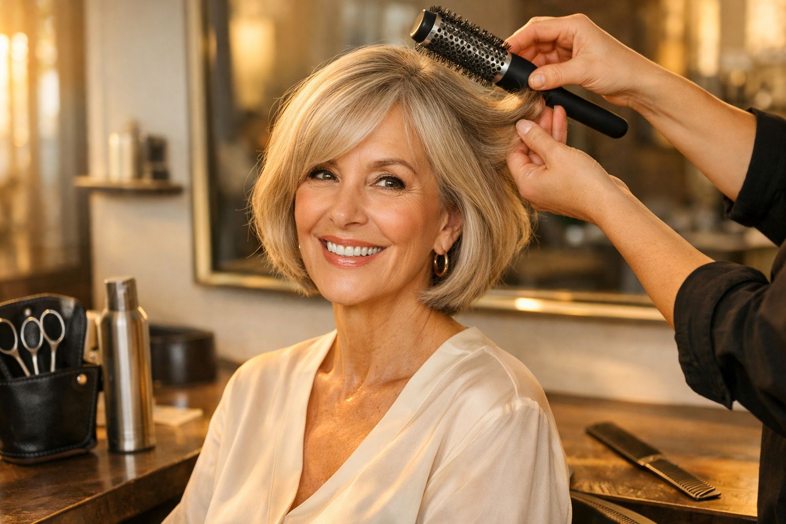 Mulher com cabelo castanho curto sentada num salão de cabeleireiro moderno com espelho e produtos ao fundo.