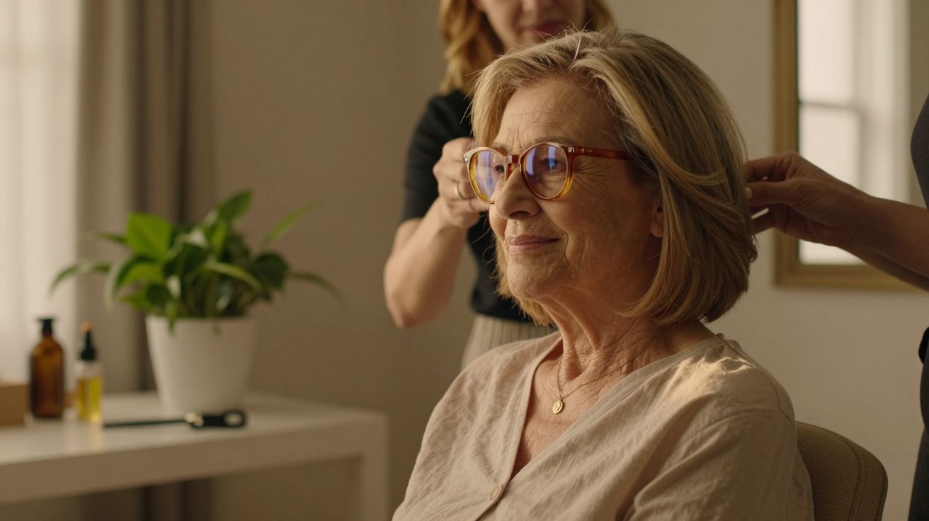 Mulher idosa de óculos a sorrir enquanto alguém cuida do seu cabelo, com vaso de planta ao fundo.
