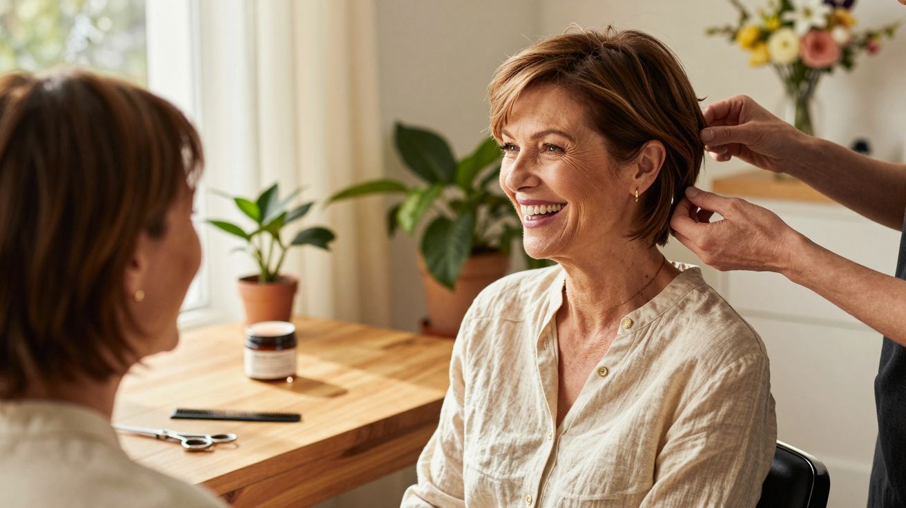 Mulher sorridente a receber corte de cabelo num salão, com plantas e flores em fundo.