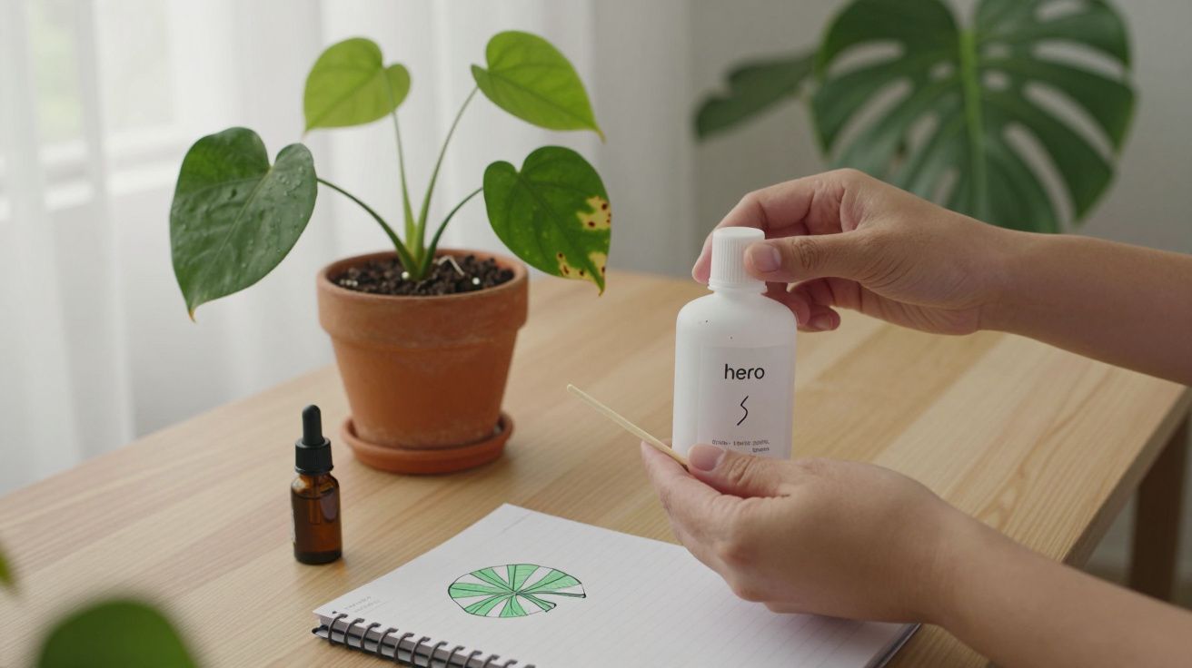 Mãos seguram um frasco branco em uma mesa de madeira com planta em vaso e caderno com desenho de folha.