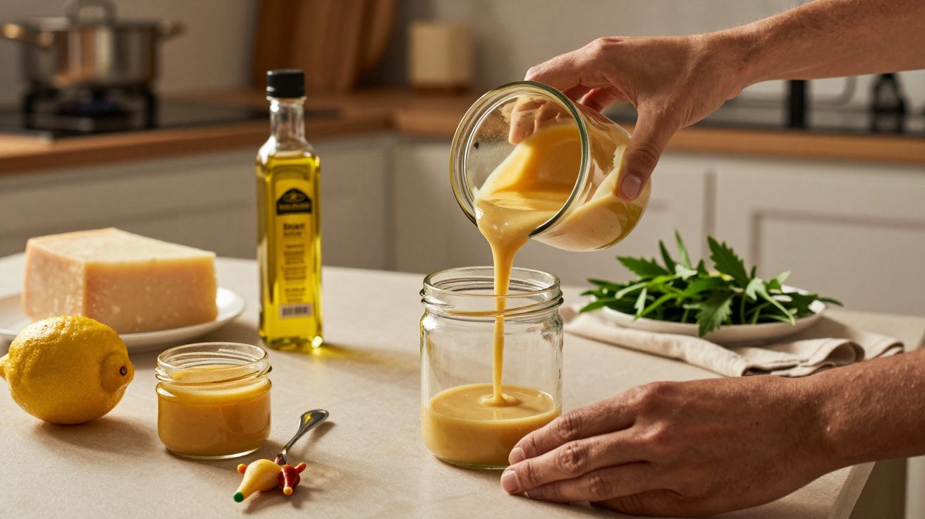 Mãos a verter molho amarelo de um frasco para outro numa cozinha, com ingredientes ao fundo, incluindo limão e azeite.