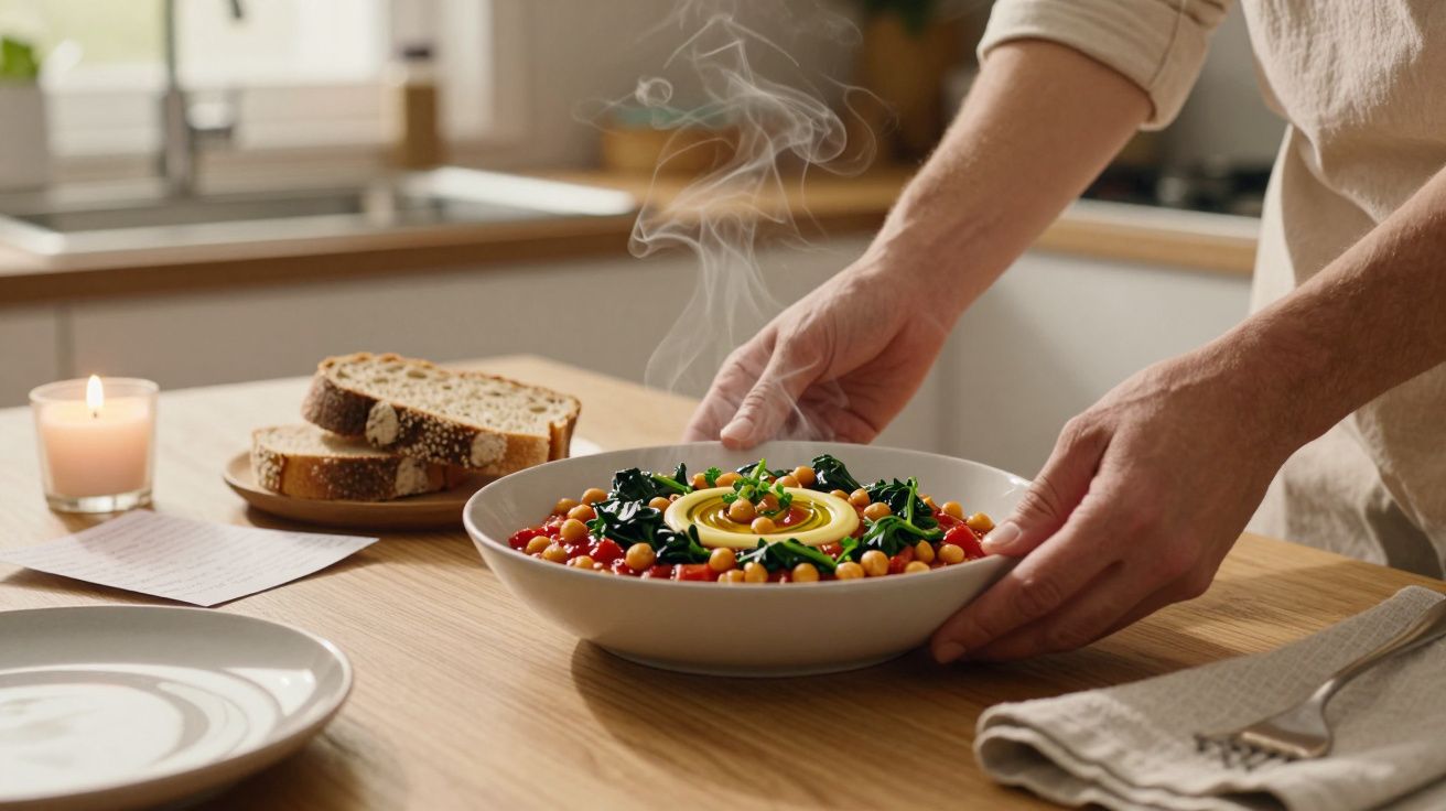 Pessoa coloca prato de sopa fumegante na mesa, com pão ao lado e vela acesa ao fundo.