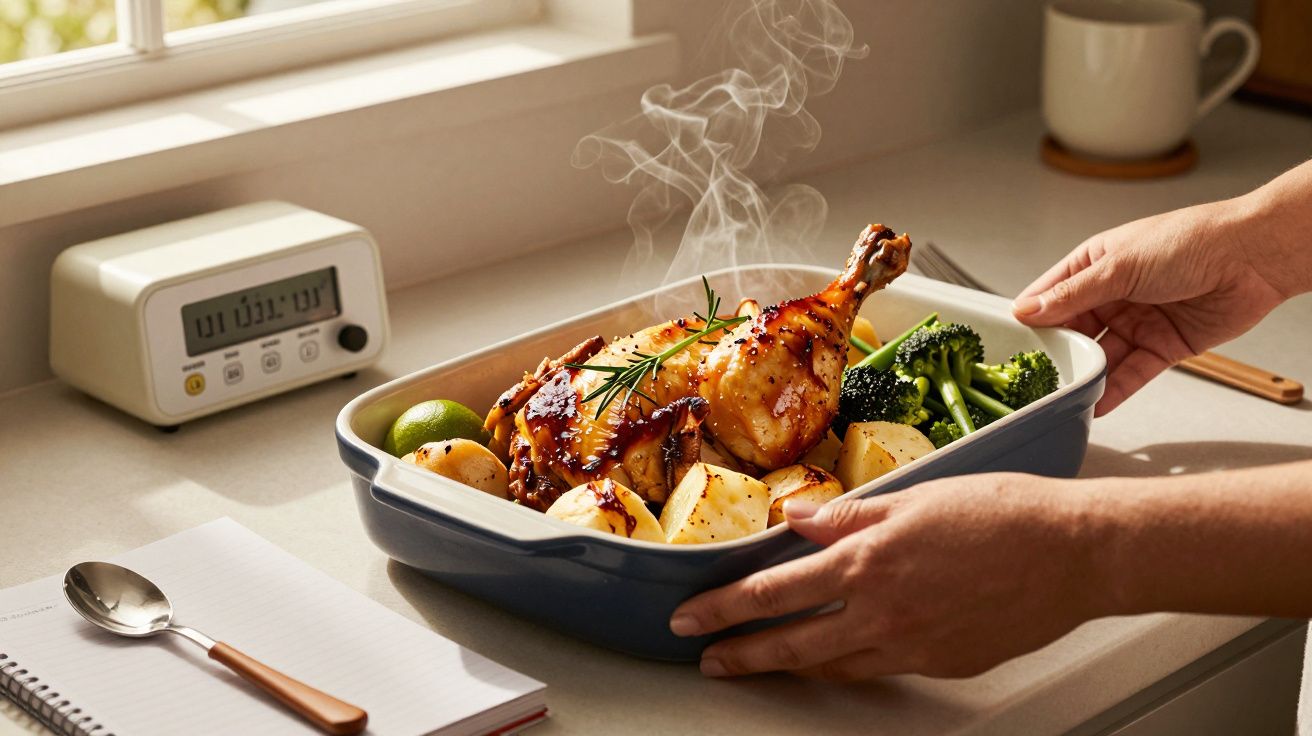 Travessa de frango assado com batatas, brócolos e alecrim, sendo servida numa cozinha iluminada pelo sol.