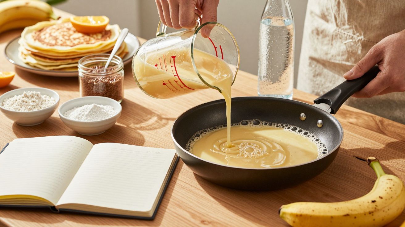 Pessoa a verter massa de panqueca numa frigideira, com ingredientes e caderno ao lado.