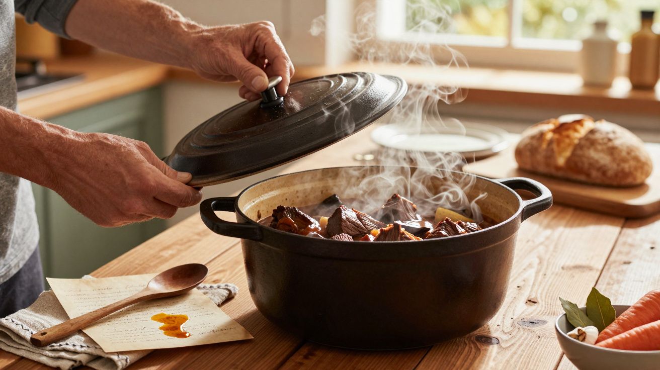 Homem abre tacho de ferro fundido com guisado fumegante numa cozinha rústica, com pão e receitas ao lado.