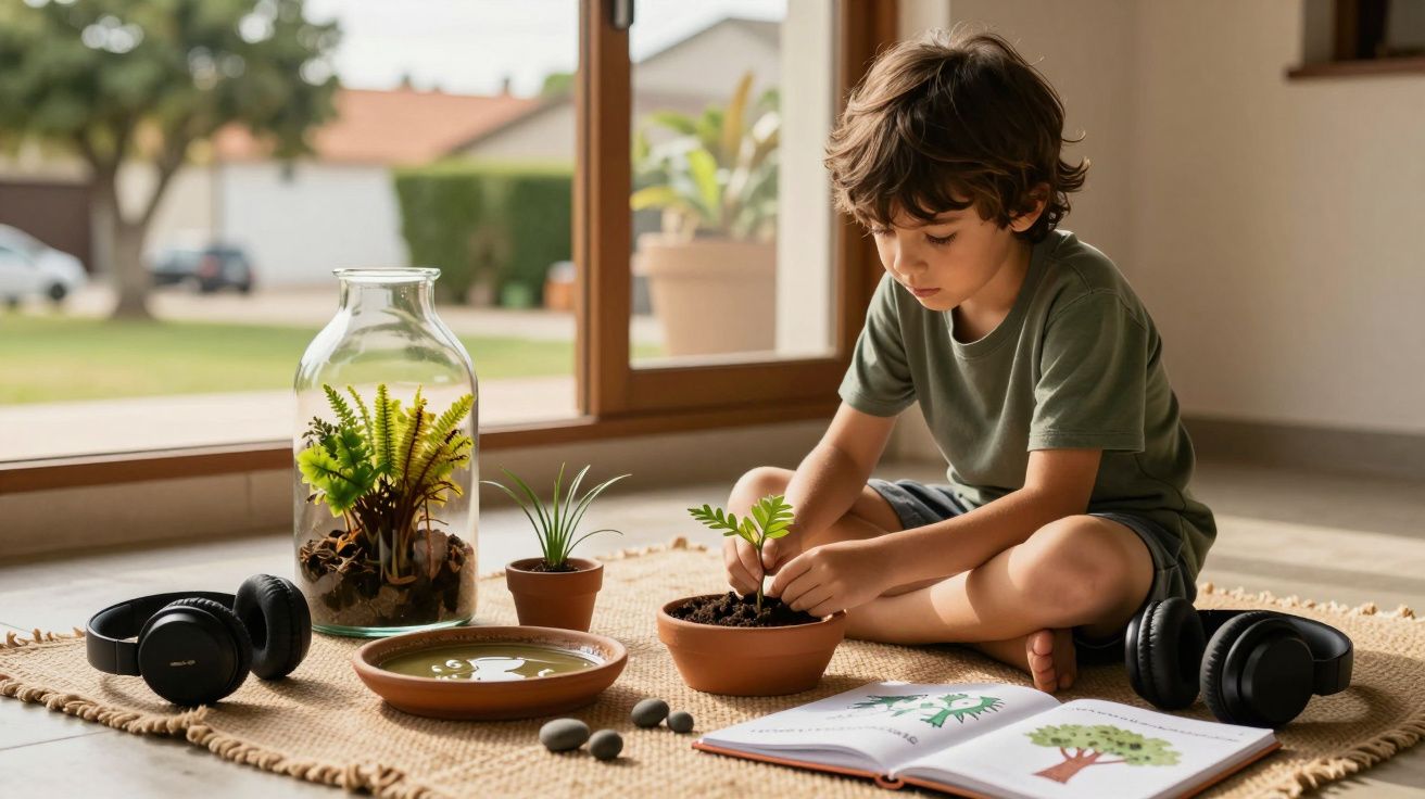 Rapaz sentado no chão com plantas e livro sobre natureza, ao lado de flores de interior e auscultadores.