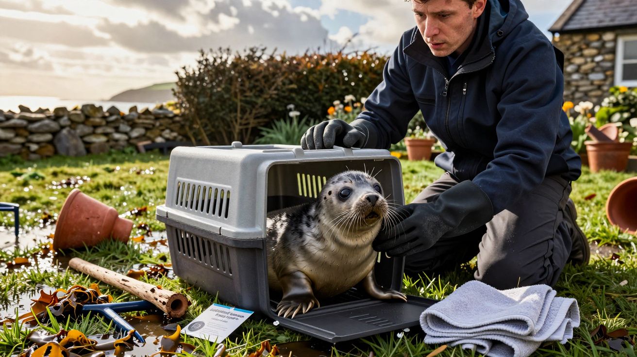 Homem ajuda foca bebé a sair de uma transportadora no jardim, com vasos e plantas ao fundo.