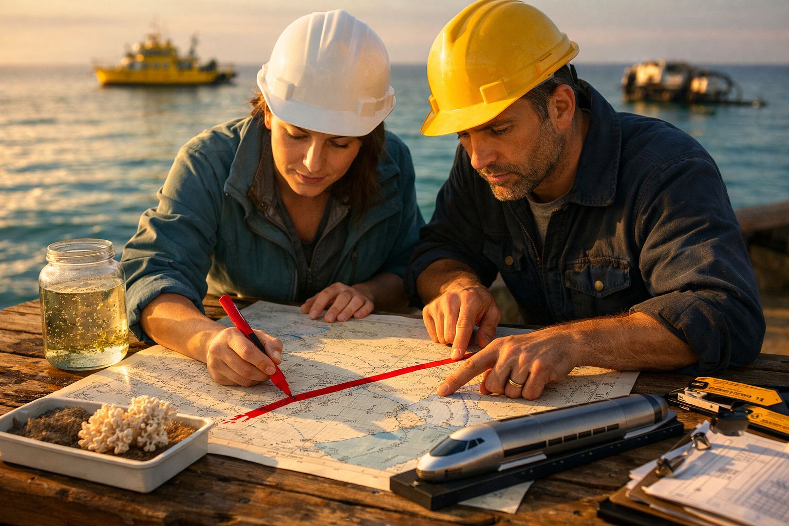 Investigador analisa coral num barco, com navio ao fundo no mar ensolarado. Caderno de esboços e corais ao lado.