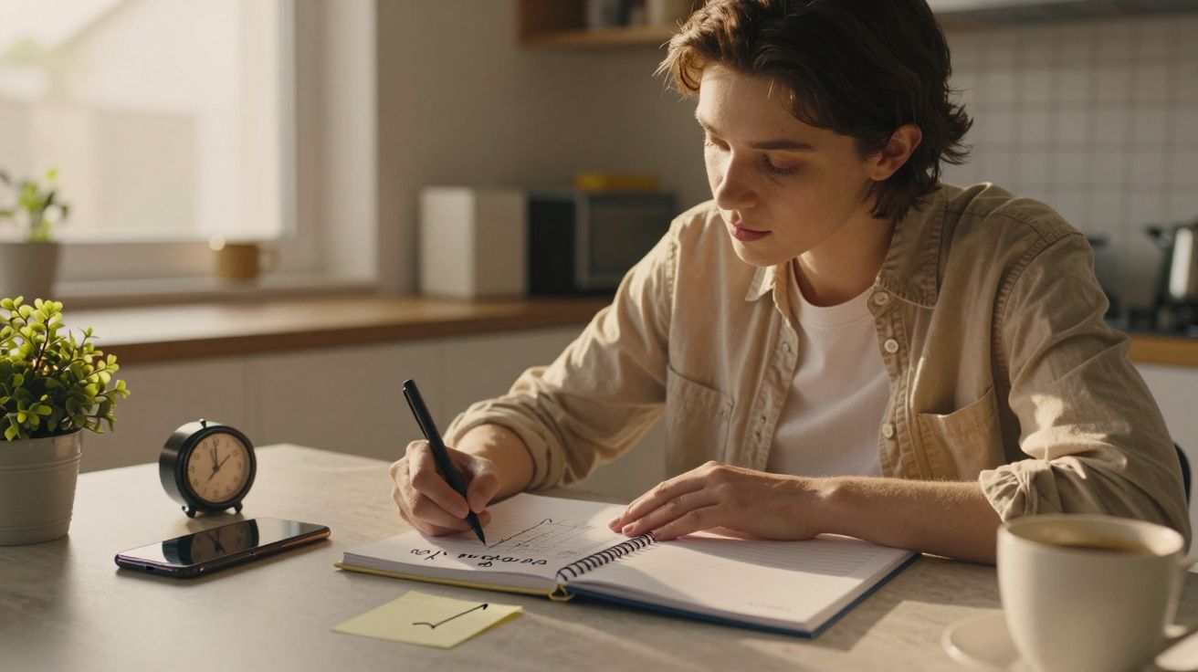 Pessoa escreve num caderno na cozinha, com chávena de café, telemóvel e despertador na mesa. Luz natural da janela.