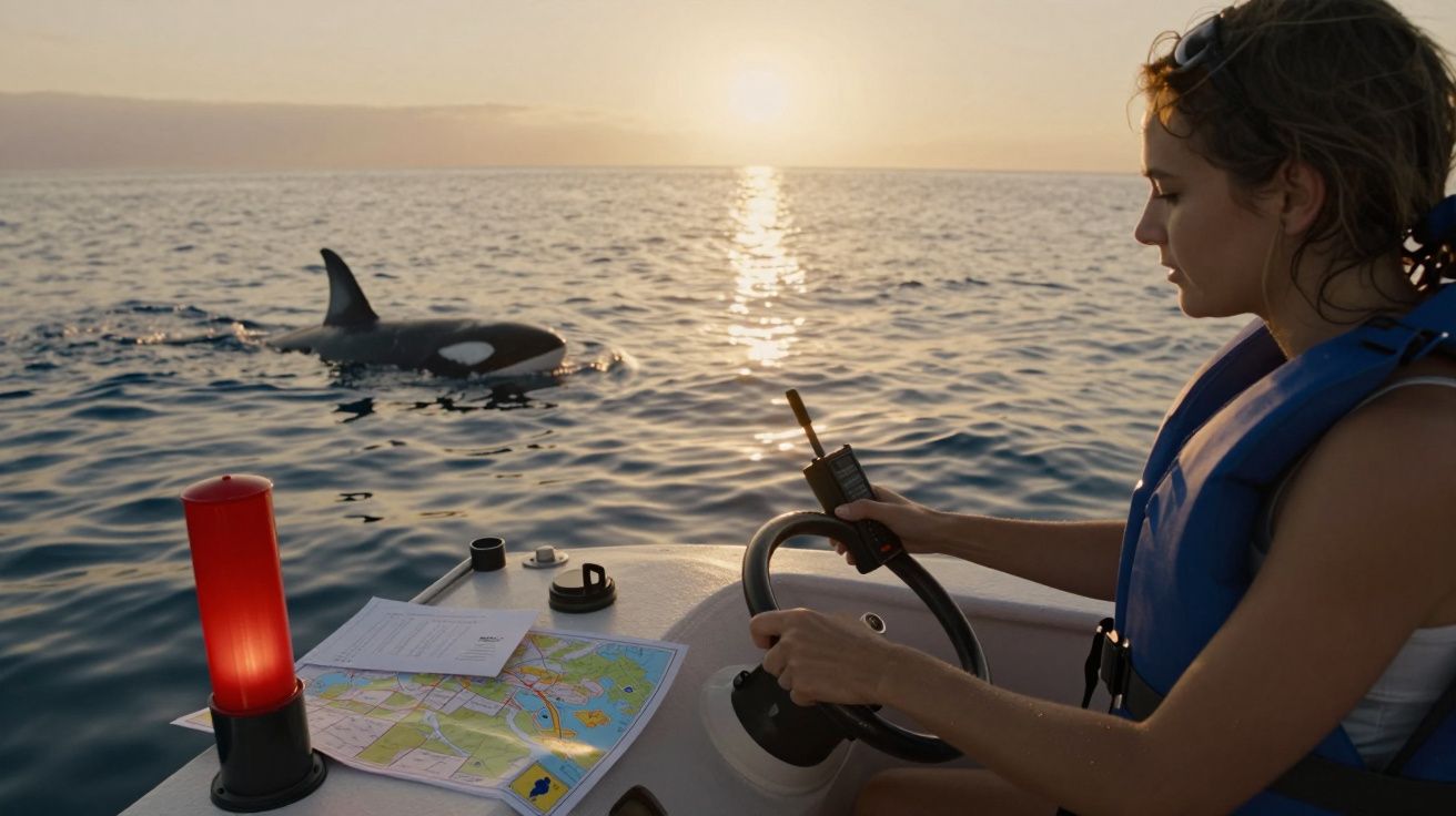 Mulher numa lancha segurando rádio, mapa ao lado, orca nada perto. Sol poente reflete no mar.