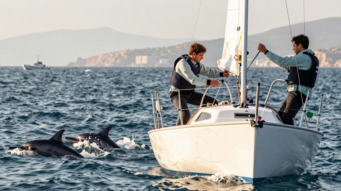 Dois homens num veleiro no mar com golfinhos a nadar junto ao barco. Montanhas ao fundo.