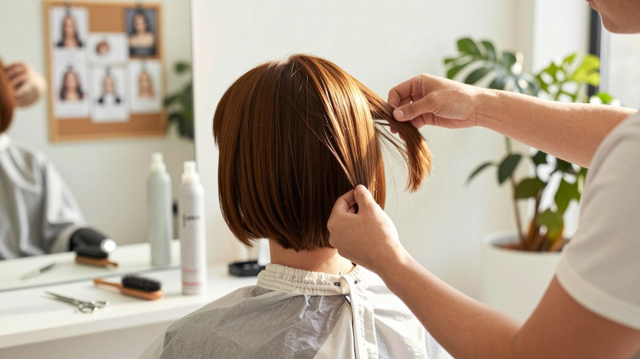 Pessoa com cabelo curto a ser penteado por cabeleireiro num salão iluminado com forneci de plantas e produtos.